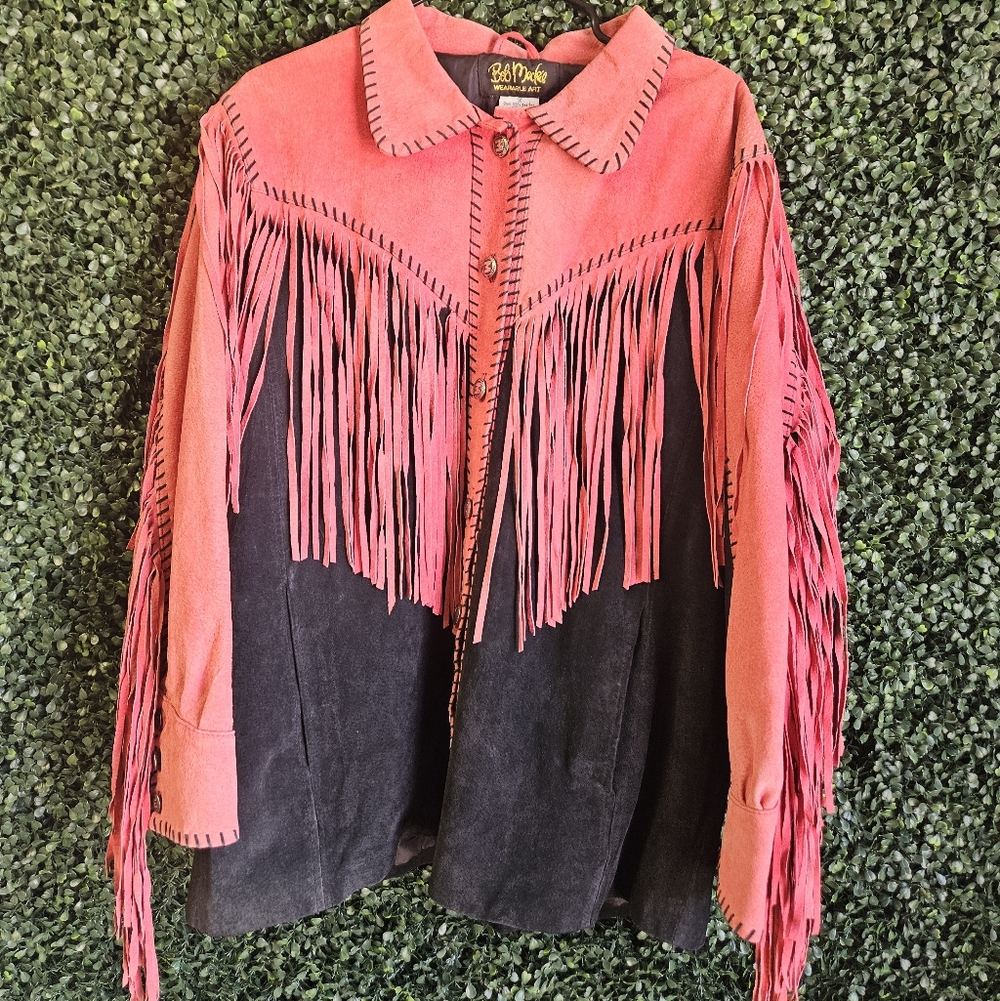 Womens 1X BOB MACKIE Wearable Art Western Leather Fringe Jacket